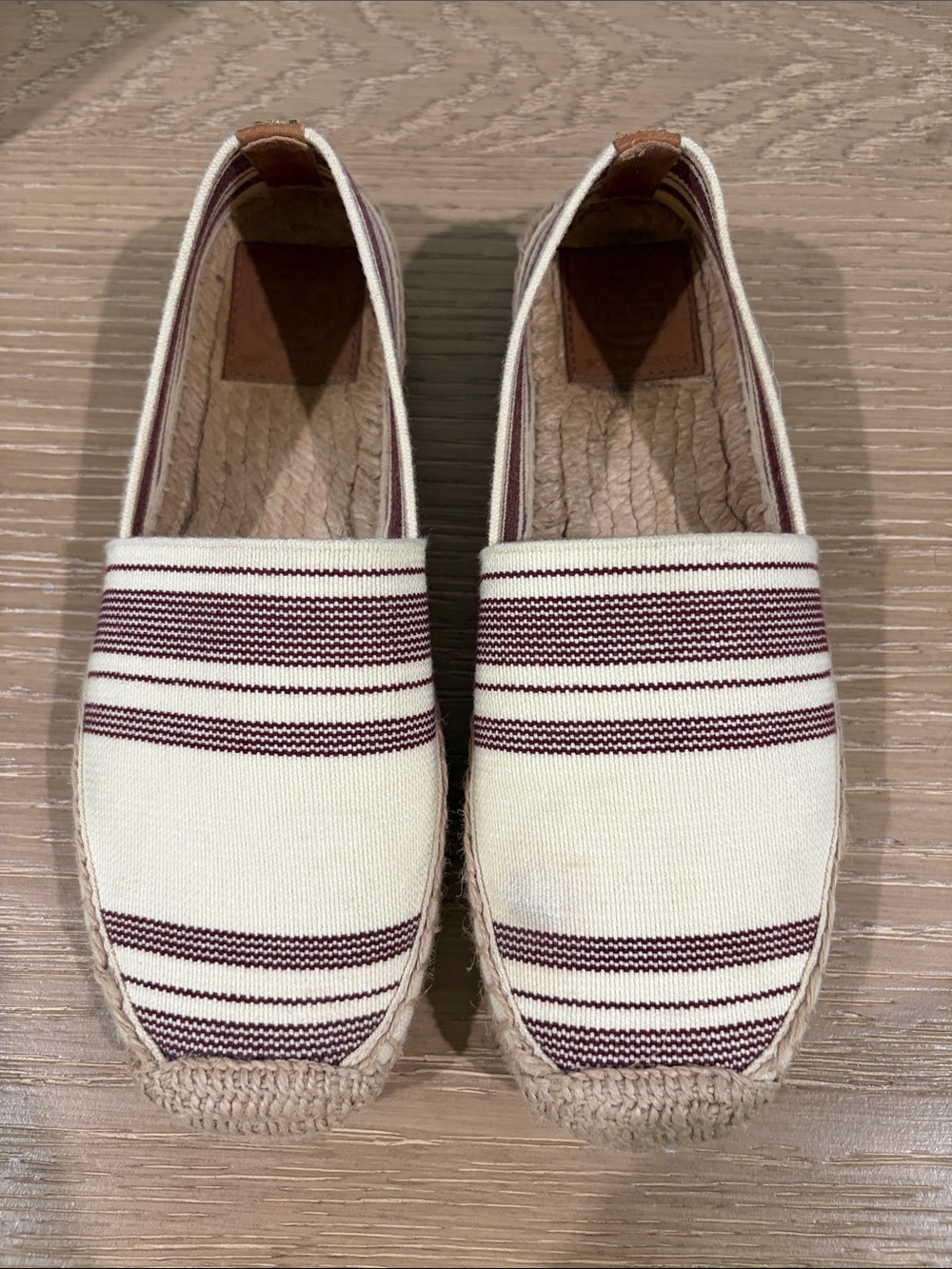 Tory Burch Cream and Burgundy Striped Canvas Espadrilles
